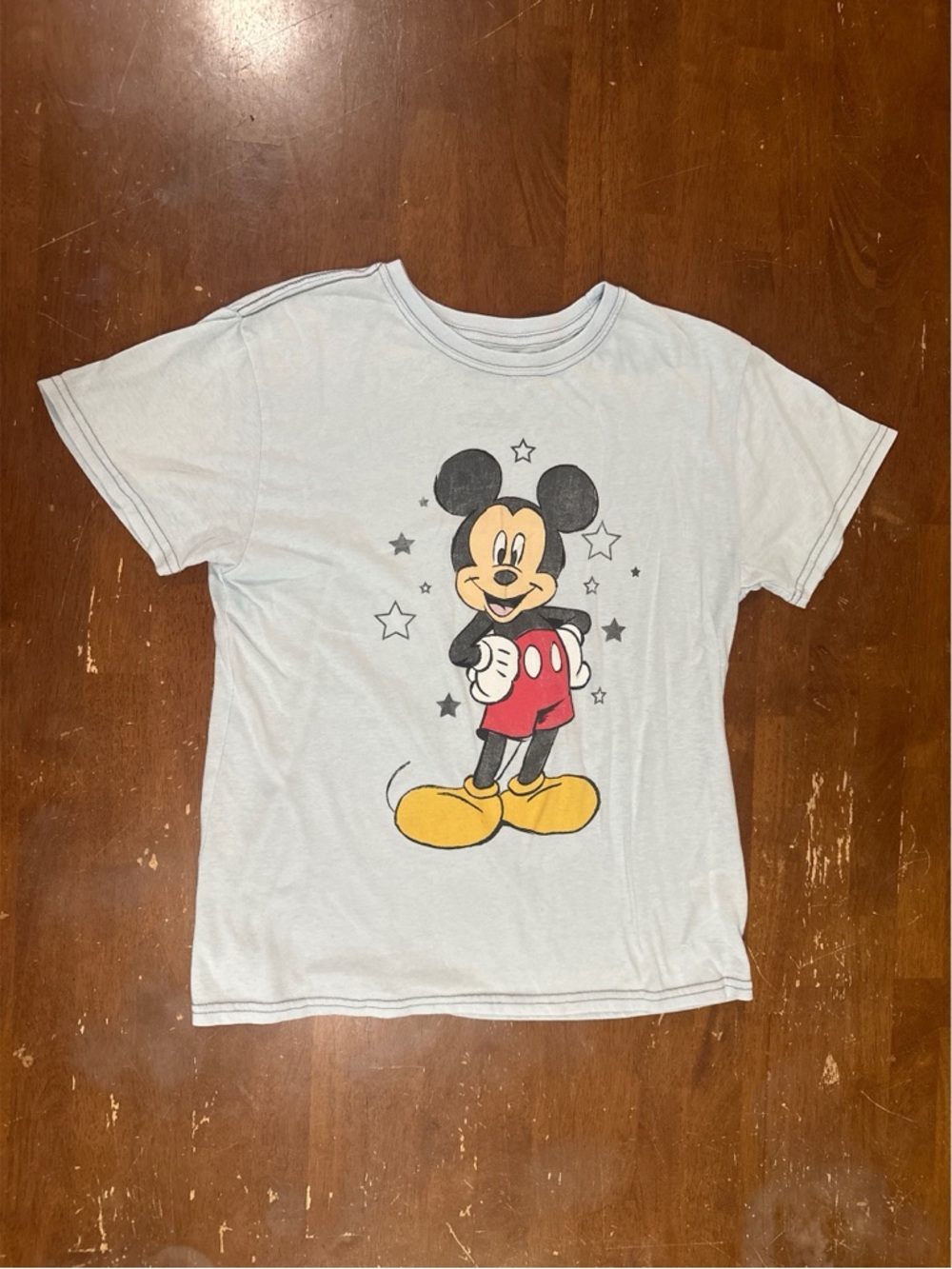 Disney Light Gray Mickey Mouse Graphic Tee with Red and Yellow Accents